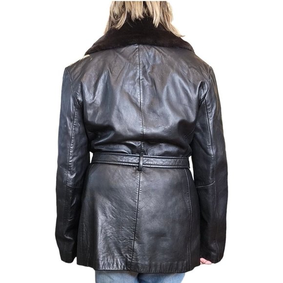 90s Lamb Leather Medium Dark Brown Trench Coat Faux‎ Fur Collar Penny Lane - Picture 4 of 12